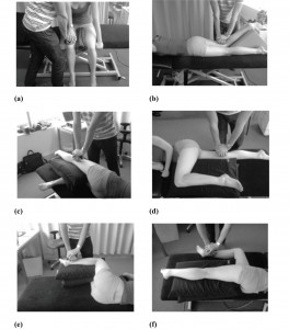 Figure 1. Subject positioning for strength testing of (a) flexion, (b) extension, (c) abduction, (d) adduction, (e) internal rotation, (f) external rotation.